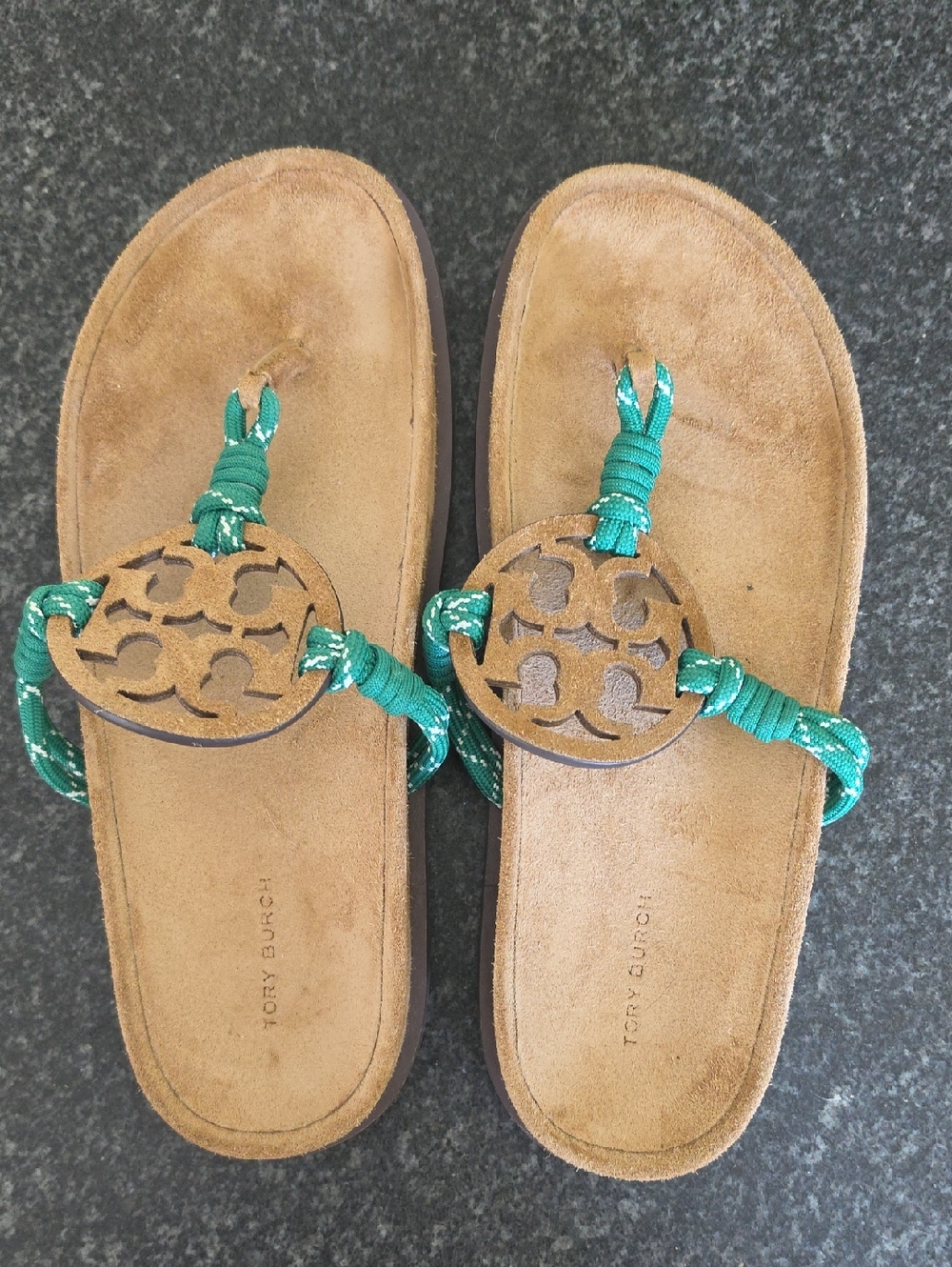 Tory Burch Tan Suede Sandal with Green Rope Detail